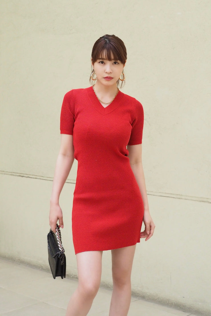 Knit Short-Sleeved Dress 【red/black/pink】