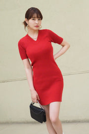 Knit Short-Sleeved Dress 【red/black/pink】