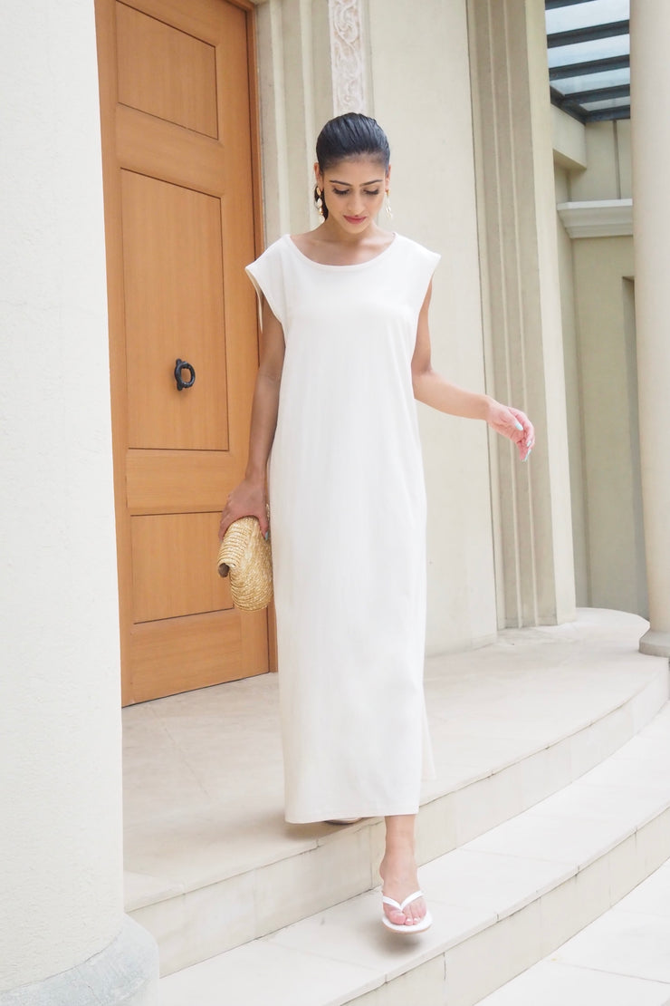 Relaxed cut-and-sew dress【ivory/pink】
