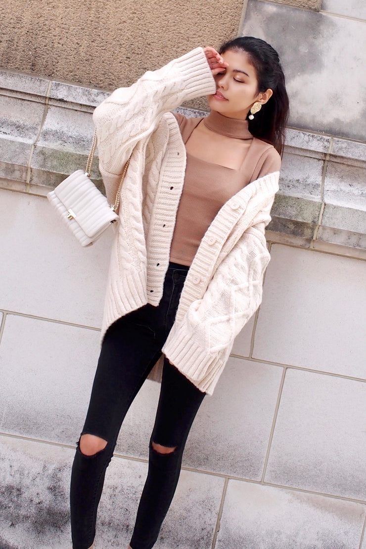 Cable Stich Oversized Cardigan【ivory/purple】