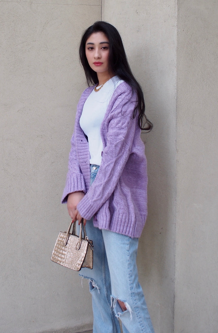 Cable Stich Oversized Cardigan【ivory/purple】