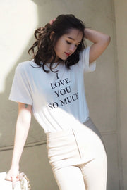 "I LOVE SO MUCH" printed T-shirt【white/black】